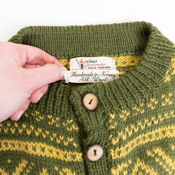 Vintage Marius Norwegian Sweater Wool Cardigan Hand Knit Ski 80s Green Yellow - Picture 3 of 16